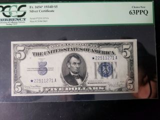 Fr.  1654 1934 D $5 Silver Certificate Star Note Pcgs 63