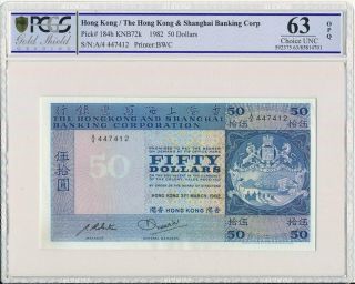Hong Kong Bank Hong Kong $50 1982 Prefix A S/no 444x4xx Pcgs 63opq