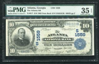 1902 $10 Db The Atlanta Nb Atlanta,  Ga National Currency Ch.  1559 Pmg Vf - 35epq