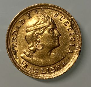 Republica Peruana Peru Libra Lima 1961 1/5 De Libra Justicia Gold Coin