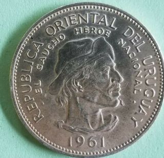 1961 Gaucho 10 Peso Silver Coin Uruguay 90 Silver