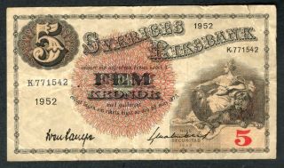 1952 Sweden 5 Kronor Note.