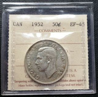 1952 Canada Silver 50 Cent Half Dollar Coin Iccs Graded Ef - 45 Hoof Die Crack
