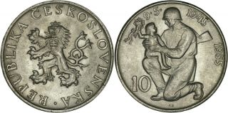 Czechoslovakia: 10 Korun Silver 1955 (liberation From Germany) Unc -