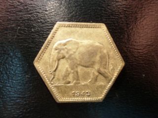 1943 Belgian Congo 2 Francs 6 - Sided Elephant Coin