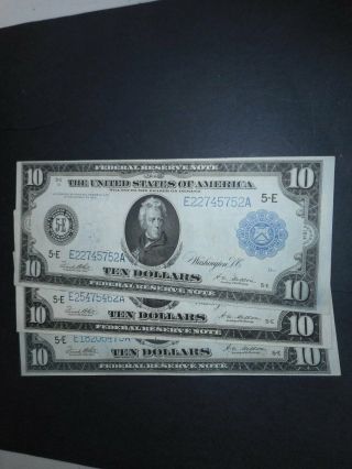 3 - 1914 $10 Large Size Federal Reserve Notes Blue Seal White & Mellon - Crisp