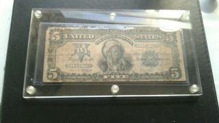 1899 “indian Chief” $5 Silver Certificate Blue Seal Note - Frame Bill