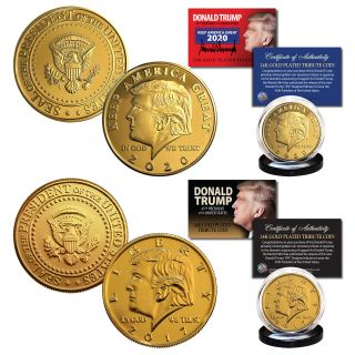 2017 And 2020 Donald Trump 45th President 24k Gold Clad Tribute Coins - Set Of 2
