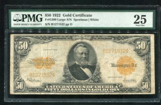 Fr.  1200 1922 $50 Fifty Dollars Gold Certificate Currency Note Pmg Very Fine - 25