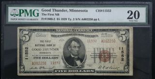 1929 National Currency $5 First National Bank Of Good Thunder Minnesota Pmg 20