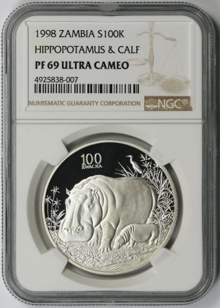 1998 Zambia Hippopotamus & Calf S100k Silver 100 Kwacha Pf 69 Ultra Cameo Ngc