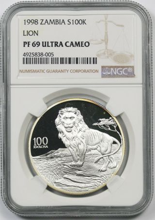 1998 Zambia S100k Ngc Pf 69 Ultra Cameo (lion) Silver 100 Kwacha