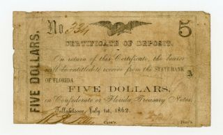 1862 $5 The State Bank Of Florida Note - Civil War Era