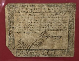 1776 Eight Dollar $8 Note Colony Of Maryland Continental Colonial Currency