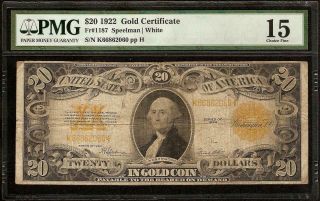 LARGE 1922 $20 DOLLAR BILL GOLD CERTIFICATE COIN NOTE PAPER MONEY Fr 1187 PMG 3