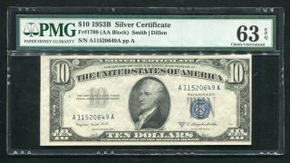Fr.  1708 1953 - B $10 Ten Dollars Silver Certificate Pmg Choice Uncirculated - 63epq