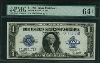 1923 $1 Silver Certificate Banknote Fr238 Choice Uncirculated Certified Pmg - Cu64