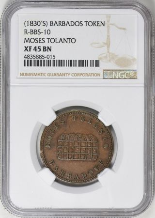 Barbados Nd (1830s) Moses Tolanto Token R - Bbs - 10 Ngc Xf - 45 Bn