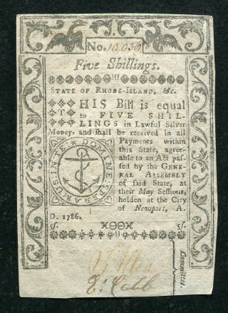 Ri - 295 May 1786 5s Five Shillings Rhode Island Colonial Currency Note