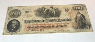 1862 $100 Confederate (slaves/cotton) Note No Pin Holes
