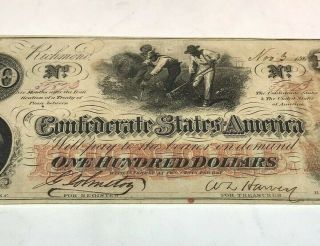 1862 $100 Confederate (Slaves/Cotton) Note No Pin Holes 3