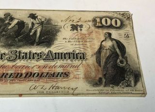 1862 $100 Confederate (Slaves/Cotton) Note No Pin Holes 4