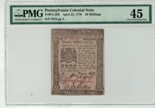 Colonial Note 20 Shillings Pmg 45 Choice Extremely Fine April 25,  1776 Graded