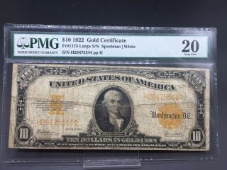 1922 $10.  Fr - 1173 United States Lg.  " Horse Blanket " Gold Certificate Pmg 20 - Vf