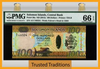 Tt Pk 36a Nd (2015) Solomon Islands 100 Dollars Pmg 66 Epq Gem Uncirculated