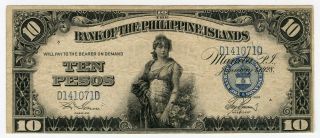 Philippines 1928 Issue 10 Pesos Banknote Scarce Crisp Vf.  Pick 17.