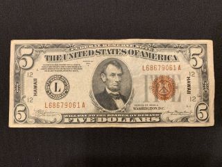 1934a Five Dollar $5 Hawaii Overprint Bill Note Federal Reserve Note