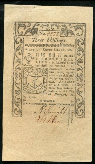 1786 3s Three Shillings State Of Rhode Island Colonial Currency