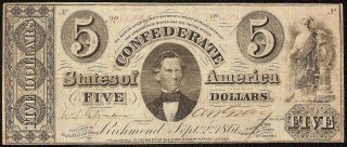 1861 $5 Dollar Bill Confederate States Currency Civil War Note Paper Money T - 34
