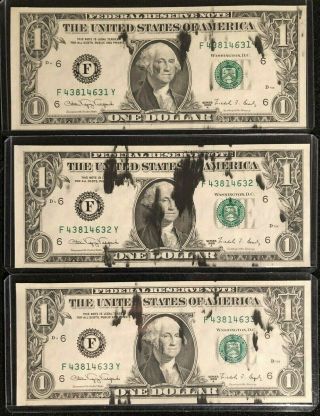 1988 One Dollar Federal Reserve Note Ink Error - 3 Consecutive $1 Notes