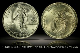 1945 - S U.  S.  - Philippines Fifty Centavos Ngc Ms66 Bright White Lustrous Uspi 50c