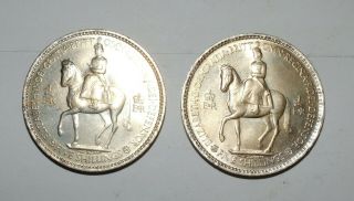 Two England Coronation Five Shilling Coins 1953 & Hard Case.  Uncirculated.