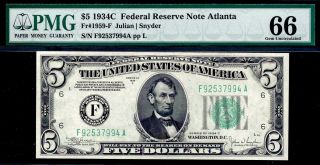 1934c $5 Federal Reserve Note Atlanta Frn • Pmg 66 Epq • Fr.  1959 - F