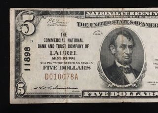 1929 $5 Commercial National Bank And Trust Laurel Mississippi Ch.  11898