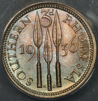 1936 Anacs Ms66 Southern Rhodesia 3 Three Pence Threepence Toned
