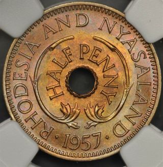 1957 Ngc Ms66rb Rhodesia And Nyasaland Half Penny 1/2 Halfpenny Toned