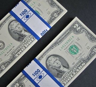 50 Two Dollar Bills 1/2 Bep Pack $2 Notes $100 Fv Crisp,  Uncirculated