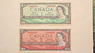 1954 Canada Bank Of Canada 1 & 2 Dollars C/u & J/o