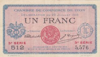 1 Franc Extra Fine Crispy Banknote From France/lyon 1916