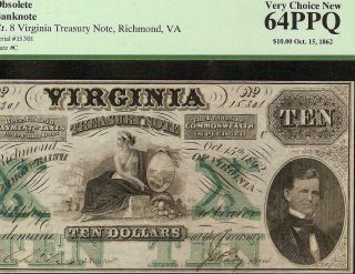 1862 $10 Dollar Bill Virginia Treasury Note Large Currency Old Paper Money Pcgs