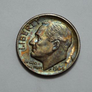 1964 - D Roosevelt Dime 90 Silver Unc Ms,  10c,  Scarce,  Toned Coin