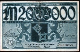 Bremen 1923 2 Million Mark Inflation Notgeld German Banknote