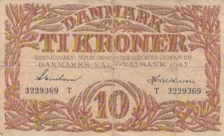 1943 Denmark 10 Kroner Note,  Prefix T,  Pick 31n