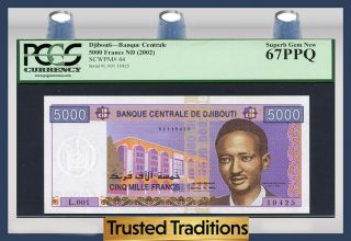 Tt Pk 44 2002 Djibouti 5000 Francs Banque Centrale Pcgs 67 Ppq Gem