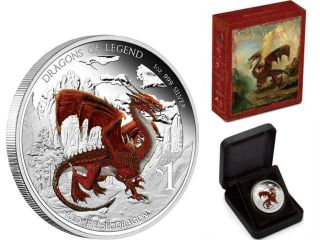 2012 1 Oz.  999 Proof Silver Proof Dragons Of Legend - Red Welsh Perth