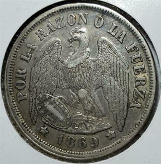 Chile,  Peso,  1869 So,  Extra Fine,  Condor, .  7234 Ounce Silver
